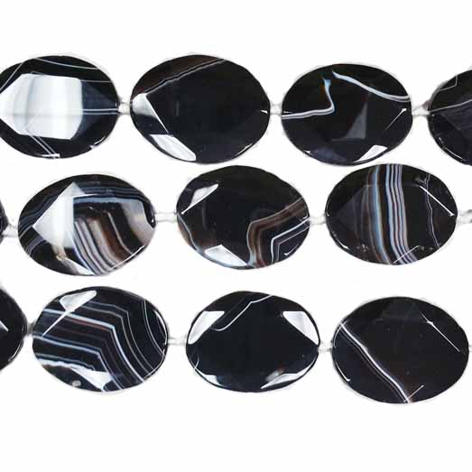 BLACK STRIPE AGATE FACETED FLAT OVAL 30X40MM